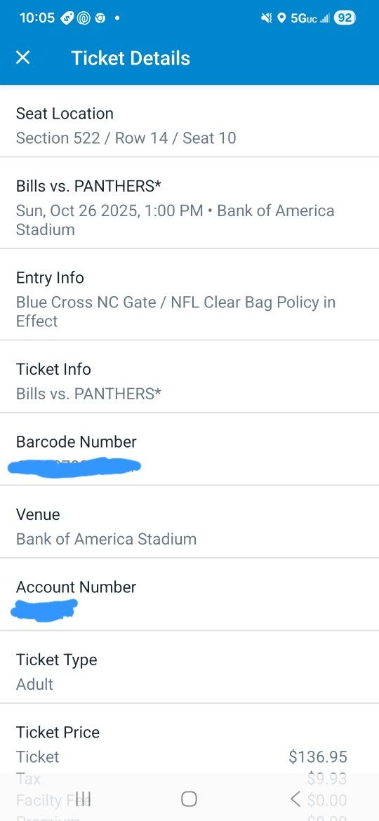 Panthers/Bill's TICKETS