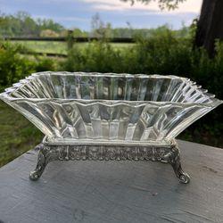 Art Deco Indiana Glass Dish w/Silver Plate Footed Base