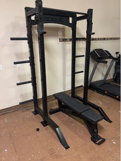 MONSTER LITE HALF RACK AND ROGUE ADJUSTABLE 3.0 BENCH great for at home weights gym
