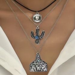 Southwest Cactus Cowboy Hat Pendant Layer 1 PC  Set Boho Necklace One clasp