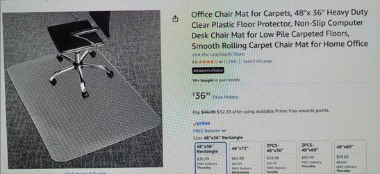 New! Office Chair Mat For Carpet 48x36, Heavy Duty
