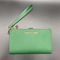 Michael Kors Jet Set Travel Double Zip Leather Wristlet Wallet Green