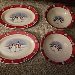 Christmas Red White Snowman Platters And Bowls