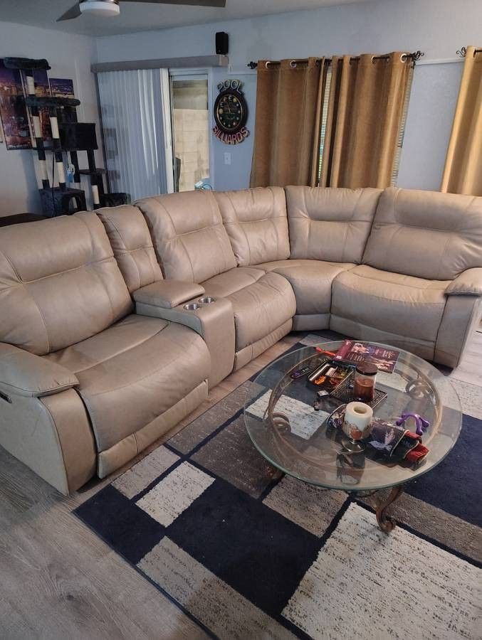 Leather/vinyl electric reclining sectional tan/cream