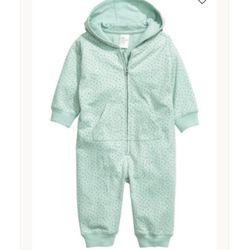 H&M Hooded Jumpsuit Organic Cotton, Minted Green Dotted, 6-9 Months