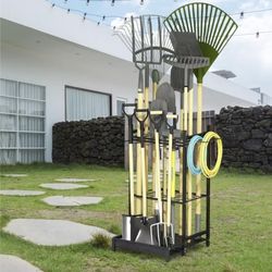 Garden Tool Organizer Yard Tool Steel Rack Tool Stand with Hooks Storage Holder for Backyard Rakes Gardening Cleaning Lawn, Without Wheels