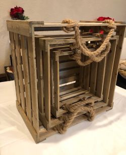 Set of 3 nesting wooden crate planters with rope handles 17” 14” and 11”