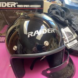 Raider Open Face Helmet In Black, Size Large, NEW In Box With Helmet Bag