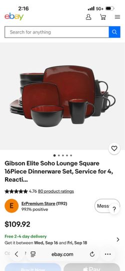 Gibson elite soho lounge 16 piece dinnerware set red/black