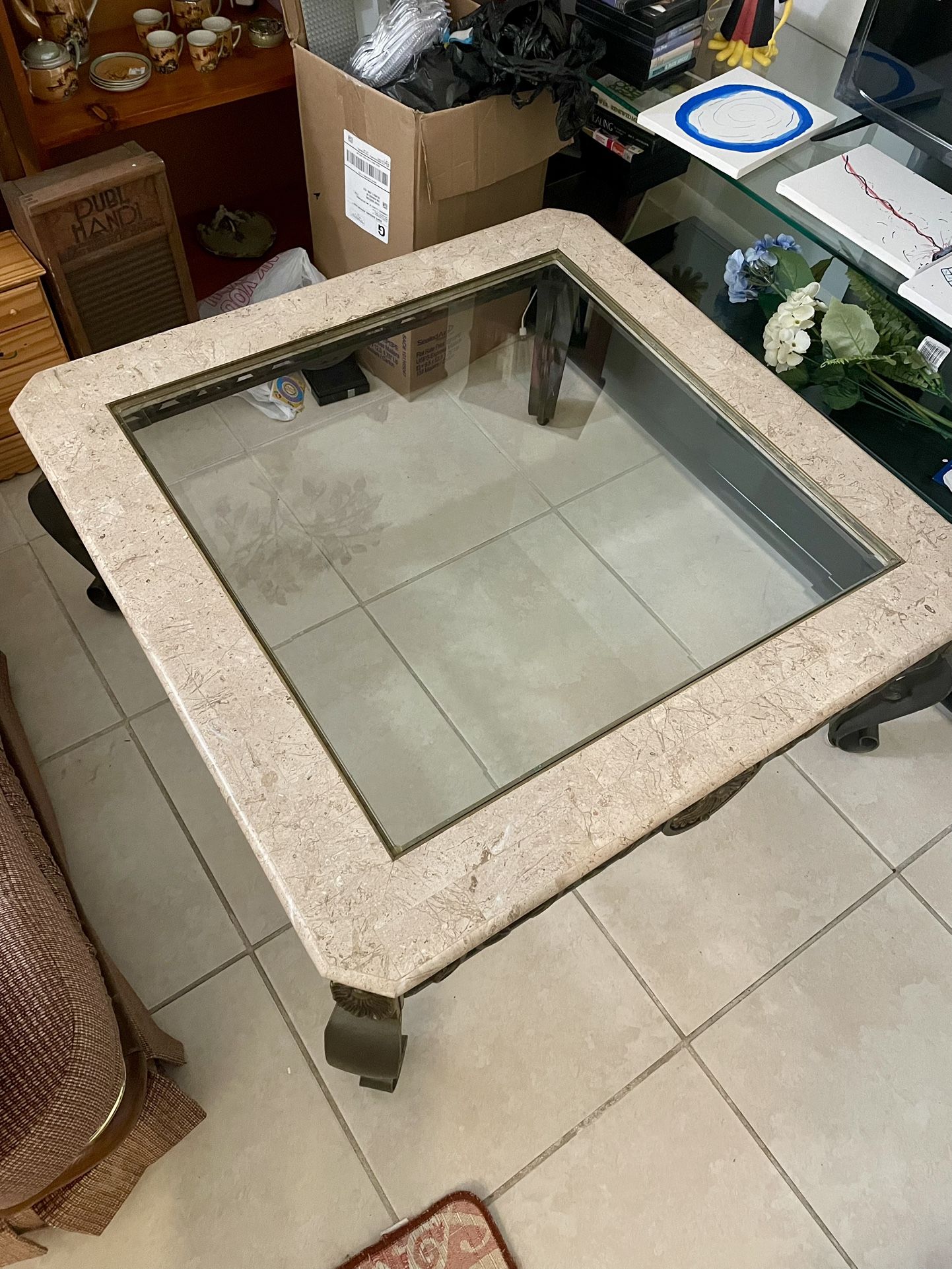 Coffee Table Glass Inlay, Marble Frame, And Decorative Rod Iron Base