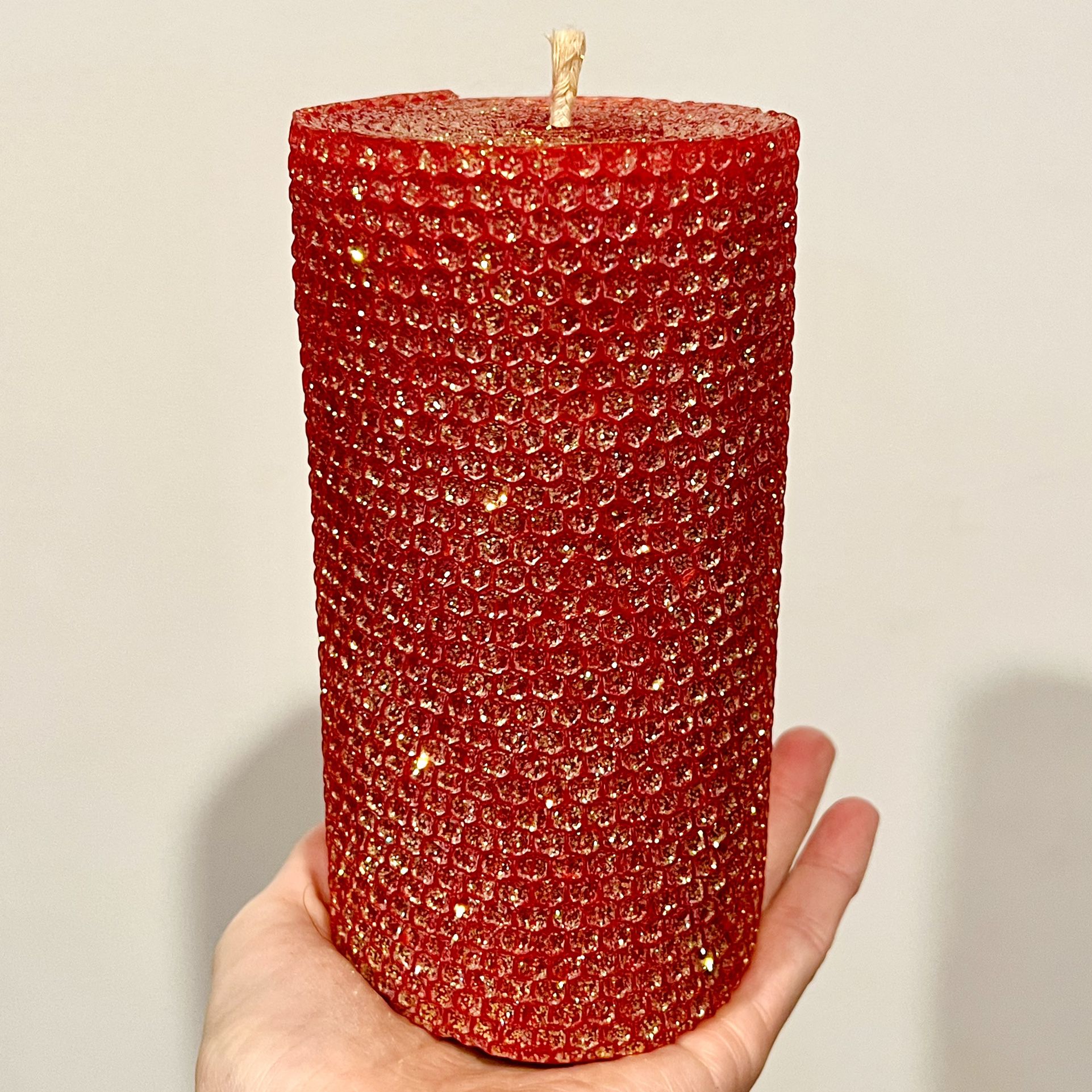 Hand Rolled Glitter Beeswax Pillar Candle + Holder, Never Burned, 6” x 3”