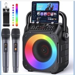 Karaoke Machine, Portable Bluetooth Speaker with 2 Wireless Microphones for Adults & Kids with Lights, Karaoke Microphone with PA System Supports USB/