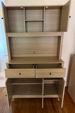 Light Oak Storage Cabinet with Hutch