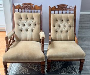 Pair of late Victorian grandfather, and grandmother chairs