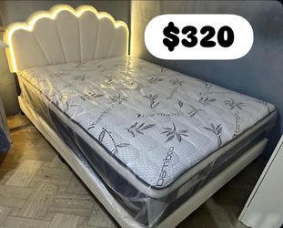 Bed with lighting and 12-inch-thick pillow-top mattress Queen sizes