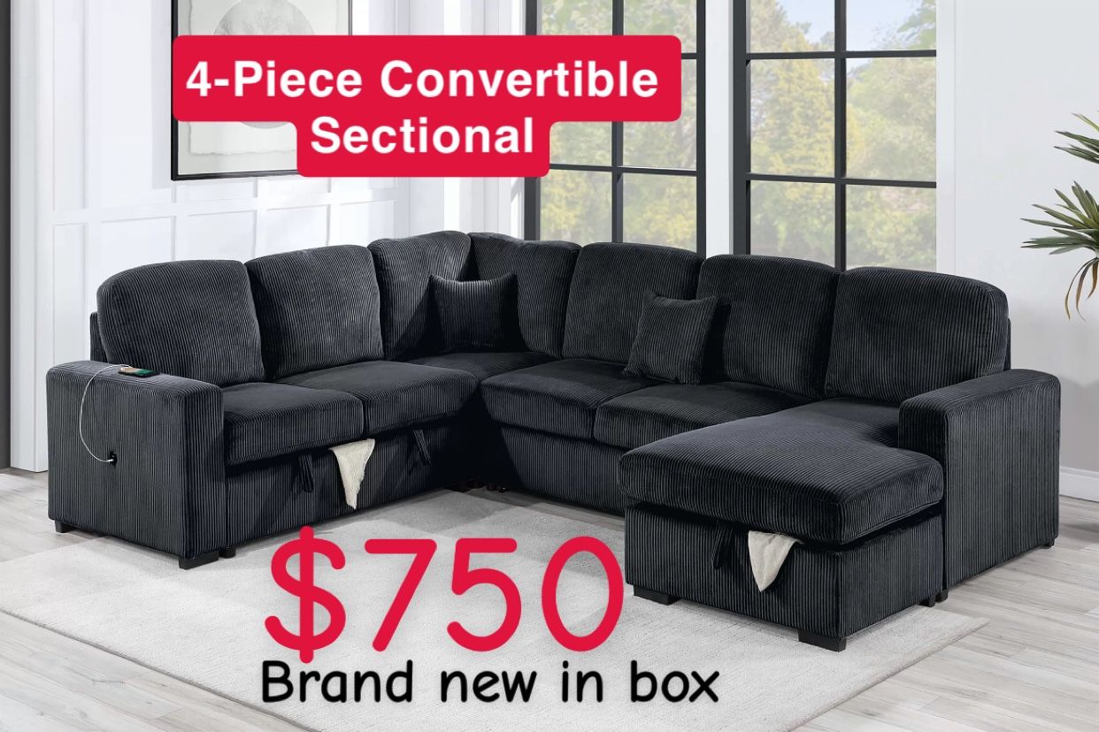 4-Piece Convertible Sectional Sleeper Sofa, Chaise Storage, Sofa Storage & USB Port