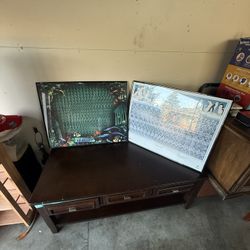 Vintage stereogram art featuring a "pop out" 3D effect of penguins on ice & framed Magic Eye poster featuring an underwater scene titled "Guardians of