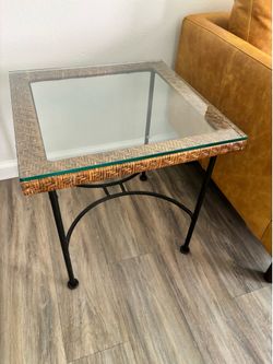 Glass, Iron and Rattan Boho Side Table