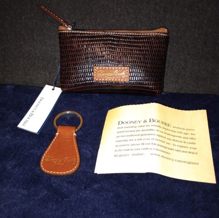 NWT Dooney & Bourke Brown Leather Embossed Lizard- Zip pouch and key Fob