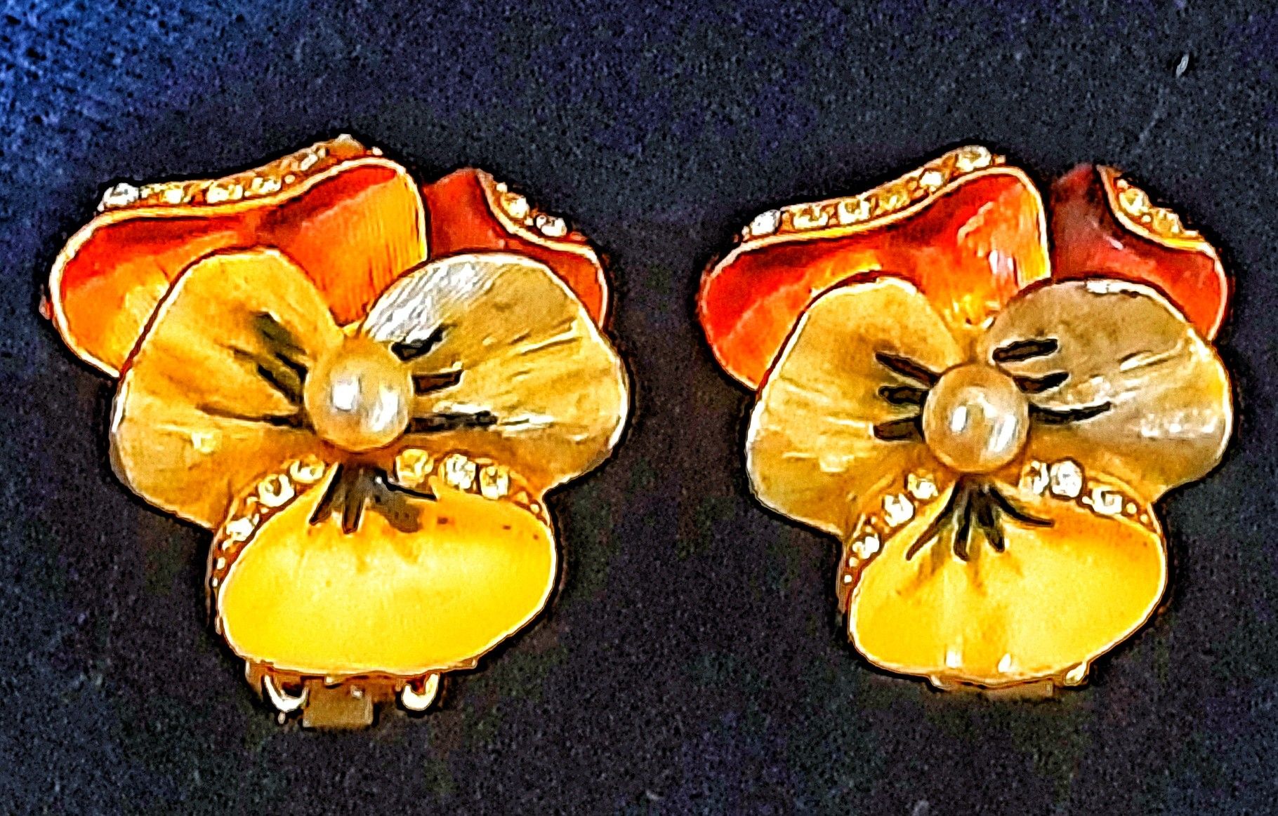Art deco enameled pansy rhinestone and pearl clip on earrings