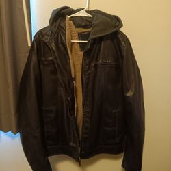 Black Faux Leather Jacket With Hoodie