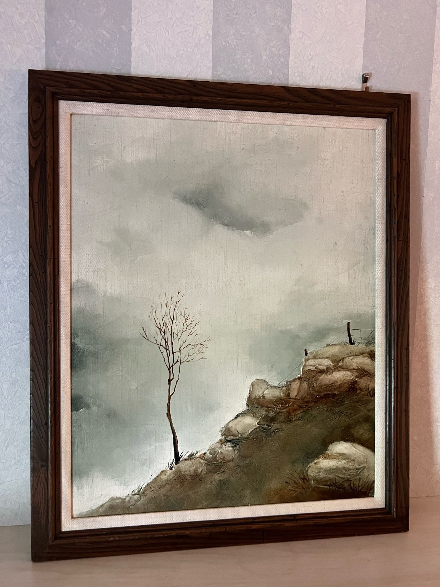 Distressed Wood Framed Cliff Scene by Christina in Great Condition 29” x 35”. Smoke and pet free household