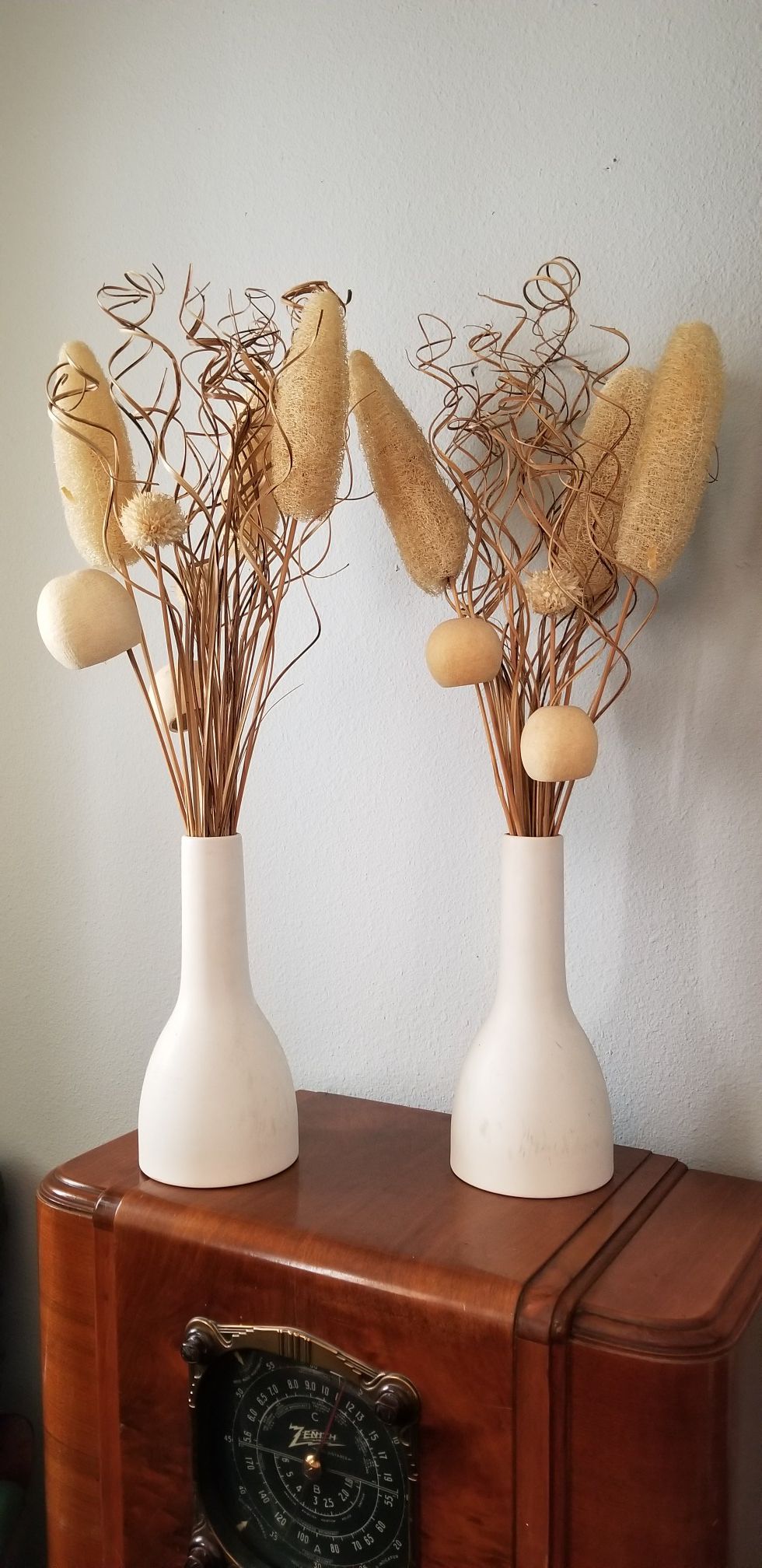 2 white vases with dried real flowers...