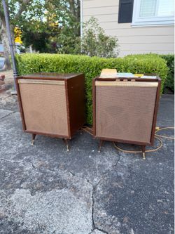 Magnavox Tube Record Player & Speaker Cabinets MCM Mid Century Modern Project Pair
