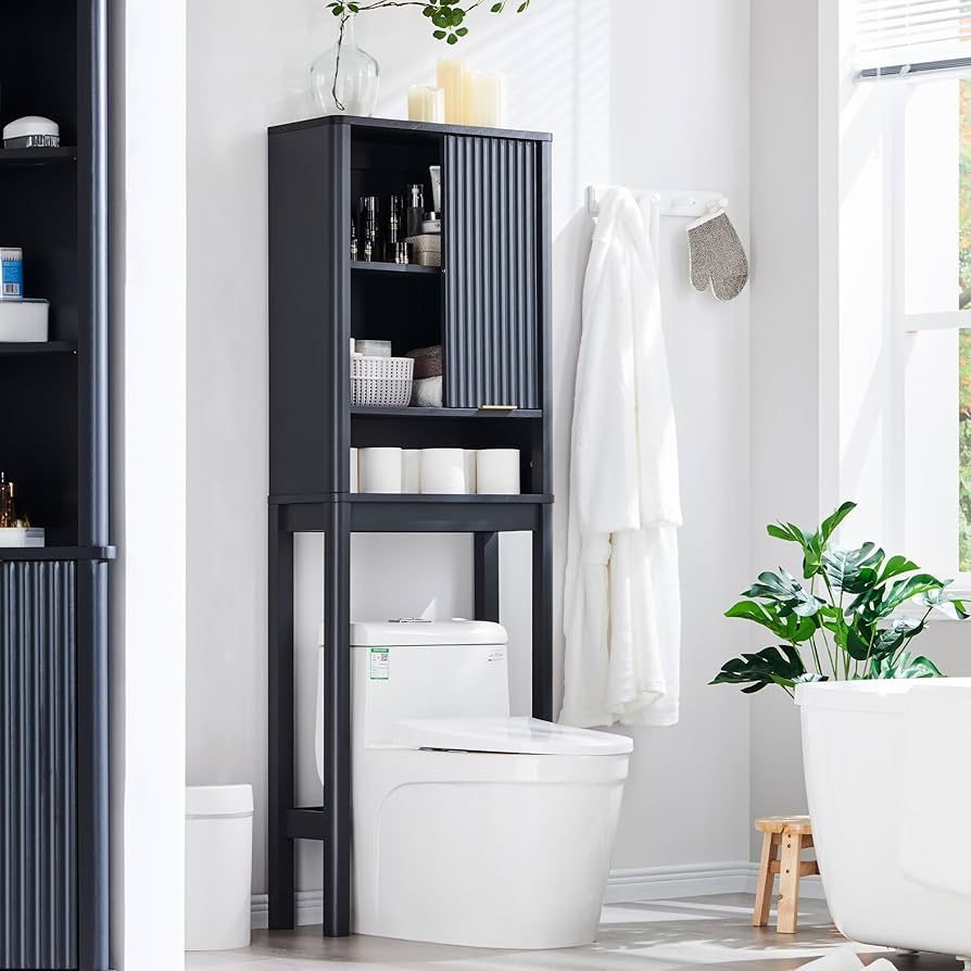 Over The Toilet Storage Cabinet with Fluted Sliding Door, 68" Tall Wood Space Saver w/Faux Marble Top & Adjustable Shelf, Curved Profile Rack Organize