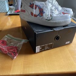 Supreme NBA Nike White Air Force Mids Size 8 (With Supreme Red Laces)