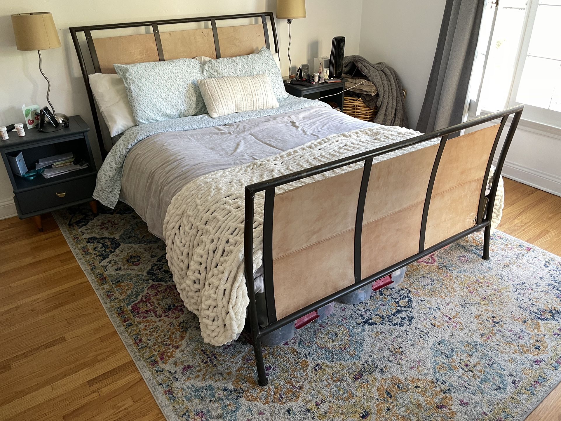 Iron And Leather Queen Bed Frame - Sleigh Bed