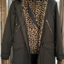 Zara Long Parka Jacket Olive Green Cheetah Liner Size Small