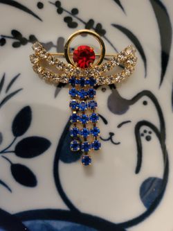 Vintage Guardian Angel Rhinestone Brooch Dangle Tassel Patriotic Halo Pin