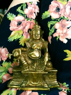 Vintage Heavy Solid Brass Kubera / Jambhala Wealth God Statue with Mongoose