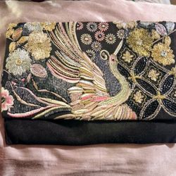Vintage Embroidered Black Clutch with Gold & Pink Phoenix Detail By Steve Madden