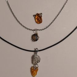 amber, smokey quartz (925), blue flash moonstone and amber necklaces 