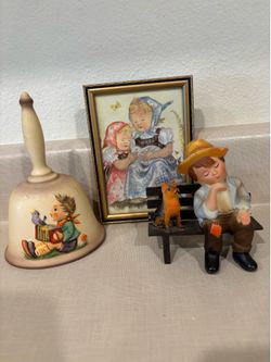 Vintage Hummel 3x5” picture, large bell and figurine