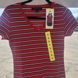 Tommy Hilfiger Red and Black Striped V-Neck Tee