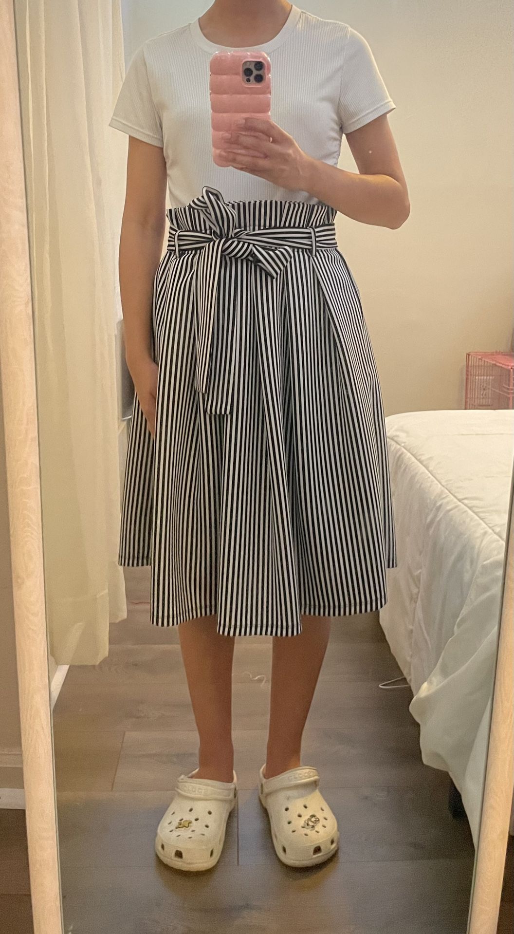 black and white striped pleated skirt