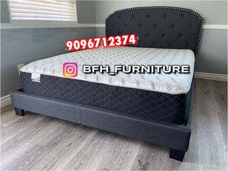 Queen Dark Grey Burlap Button Tufted Bed w. Orthopedic Mattress Included