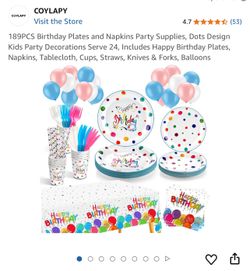 189PCS Birthday Plates and Napkins Party Supplies, Dots Design