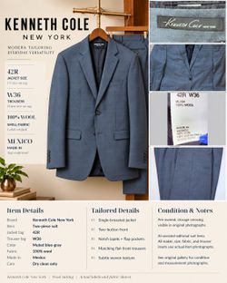 Kenneth Cole New York Mens 42R W36 Blue Gray Wool Suit