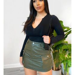 Olive green leather Skirt NEW