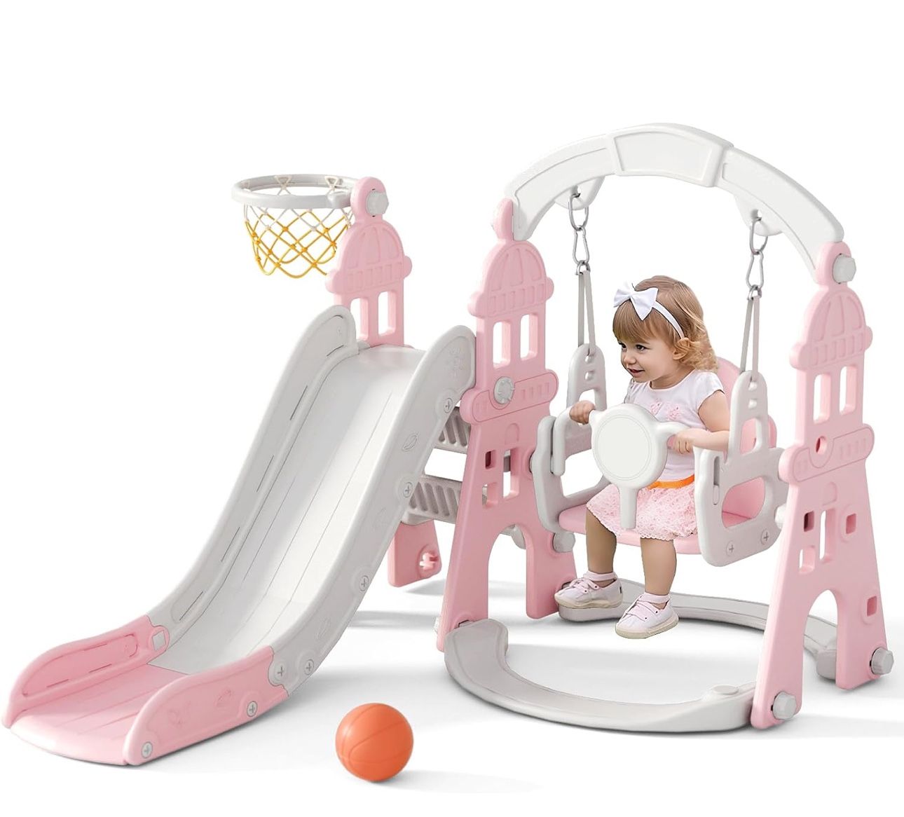 KORIMEFA 4-in-1 Kids Slide and Swing Set, Toddler Slide with Basketball Hoop, Swing, Outdoor Indoor Playground for Toddlers 1-3 (4 in 1-Pink
