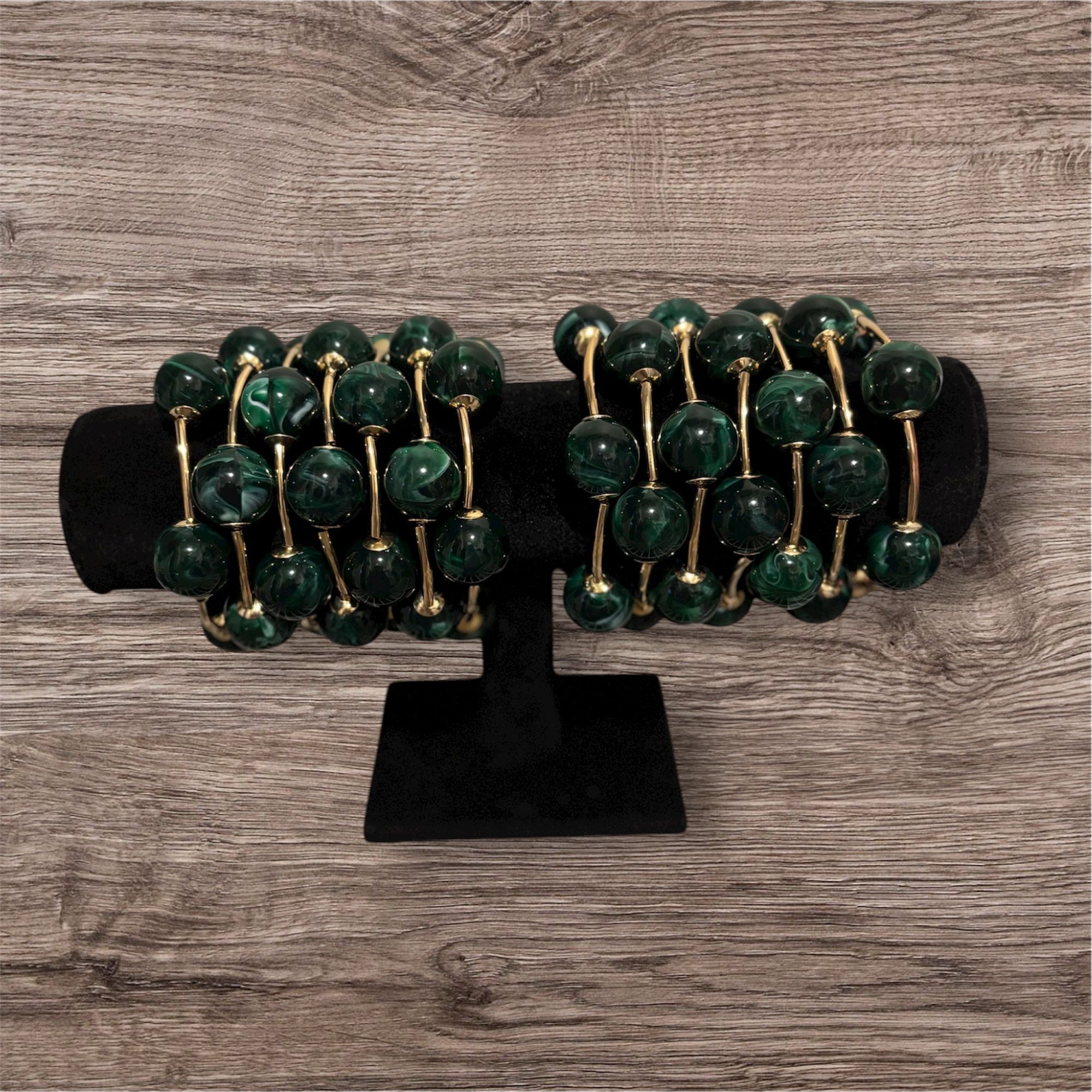 Green & Gold Large Ball Beaded Bracelets Set Of 3