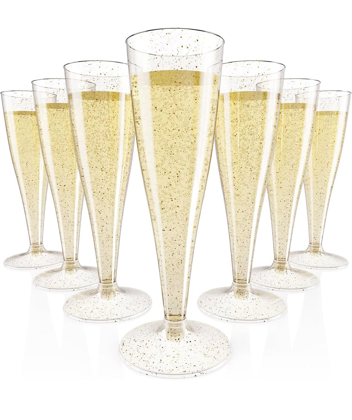 JOLLY CHEF 100 Pack Plastic Champagne Flutes Disposable 4.5 oz Gold Glitter Plastic Champagne Glasses for Wedding, Thanksgiving Day, Christmas