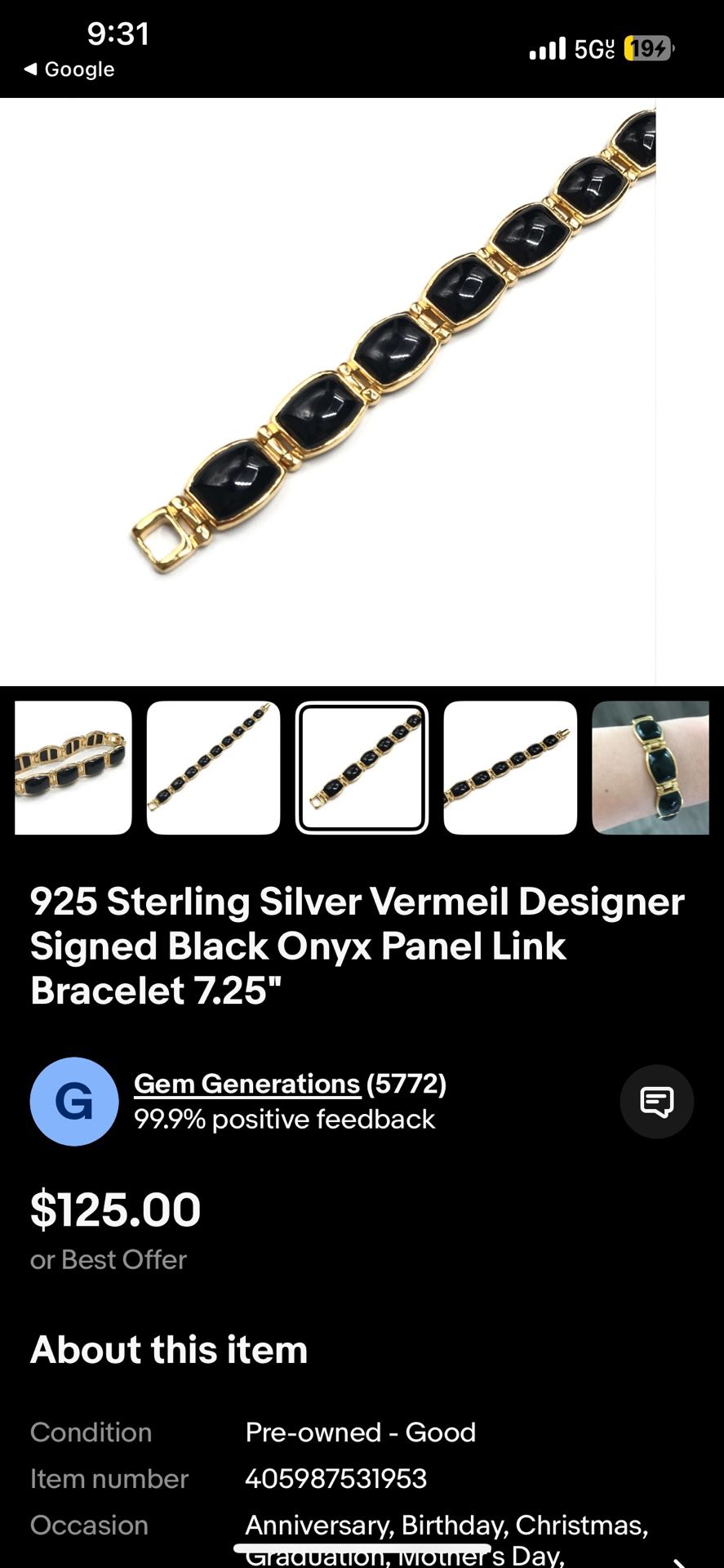925 Silver Gold Plated Bracelet With Black Onyx Pieces