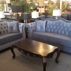 Brand New Blue Gray Velvet Modern Sofa + Loveseat 2PCs Set