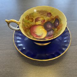 Ainsley Royal Blue Orchard Fruit Signed tea cup & saucer Bone China - England