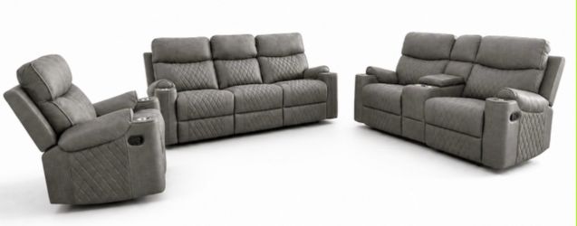 GREY 3 PC MANUAL RECLINE SOFA WITH DROP DOWN TRAY/POWER